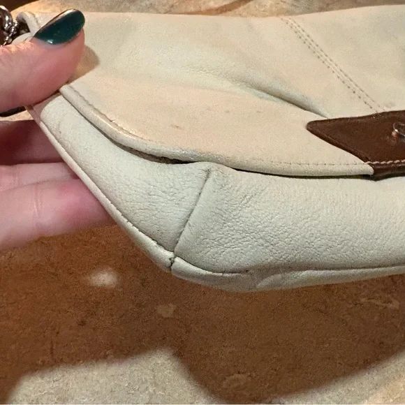 COACH Purse Wrist Clutch Snap Wallet Blue Lined Cream & Brown Leather - Picture 8 of 12